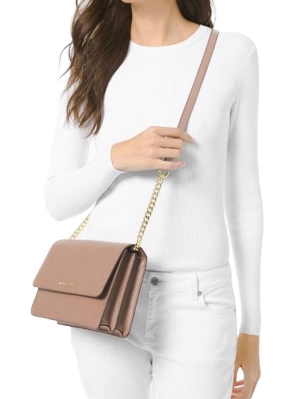 Michael Kors Daniela Saffiano Leather Crossbody Bag Gold Chain